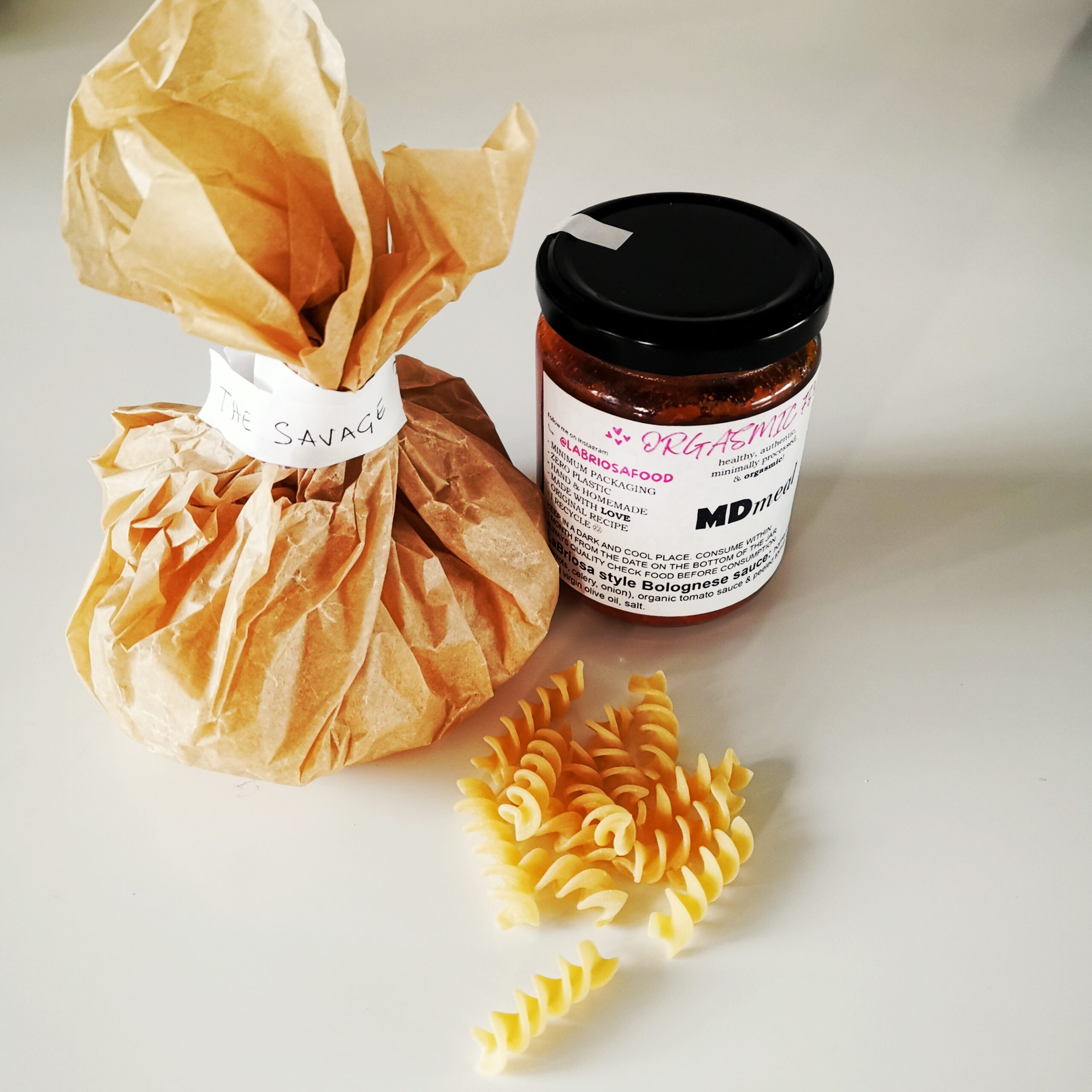 the savage package fusilli bolognese